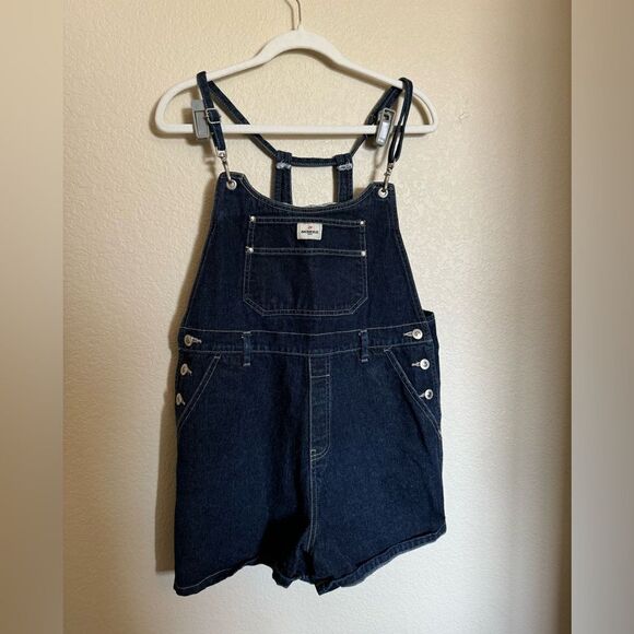 Vintage 90s Anchor Blue Denim Short Overall Sz Large Dark Wash Shortall - Picture 1 of 7